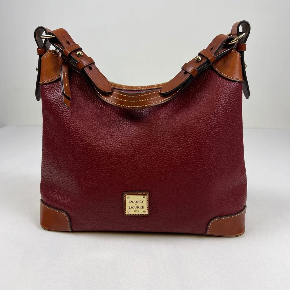 Dooney & Bourke Pebble Grain Leather Hobo Bag Burgundy Brown Trim Good Condition